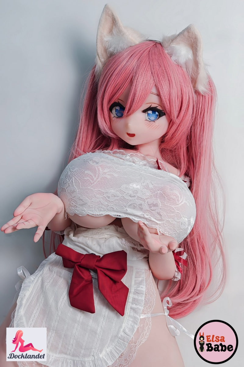 “Elsa Babe Molly 130 cm sexdocka i vit dessertchef-outfit, rosa hår och kattöron”